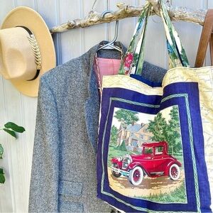 Handcrafted vintage antique cars tote bag w country prairie vibe